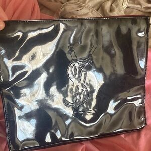 Saint Laurent Black Patent Leather YSL Logo Toiletry Bag